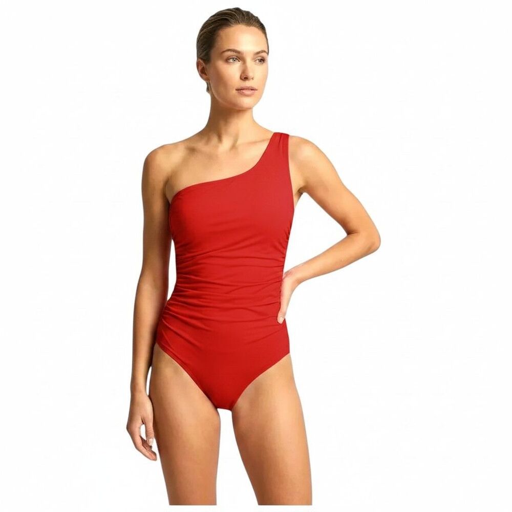 Shade & Shore Women's One Shoulder Shirred Full Coverage One Piece Swimsuit Sz S